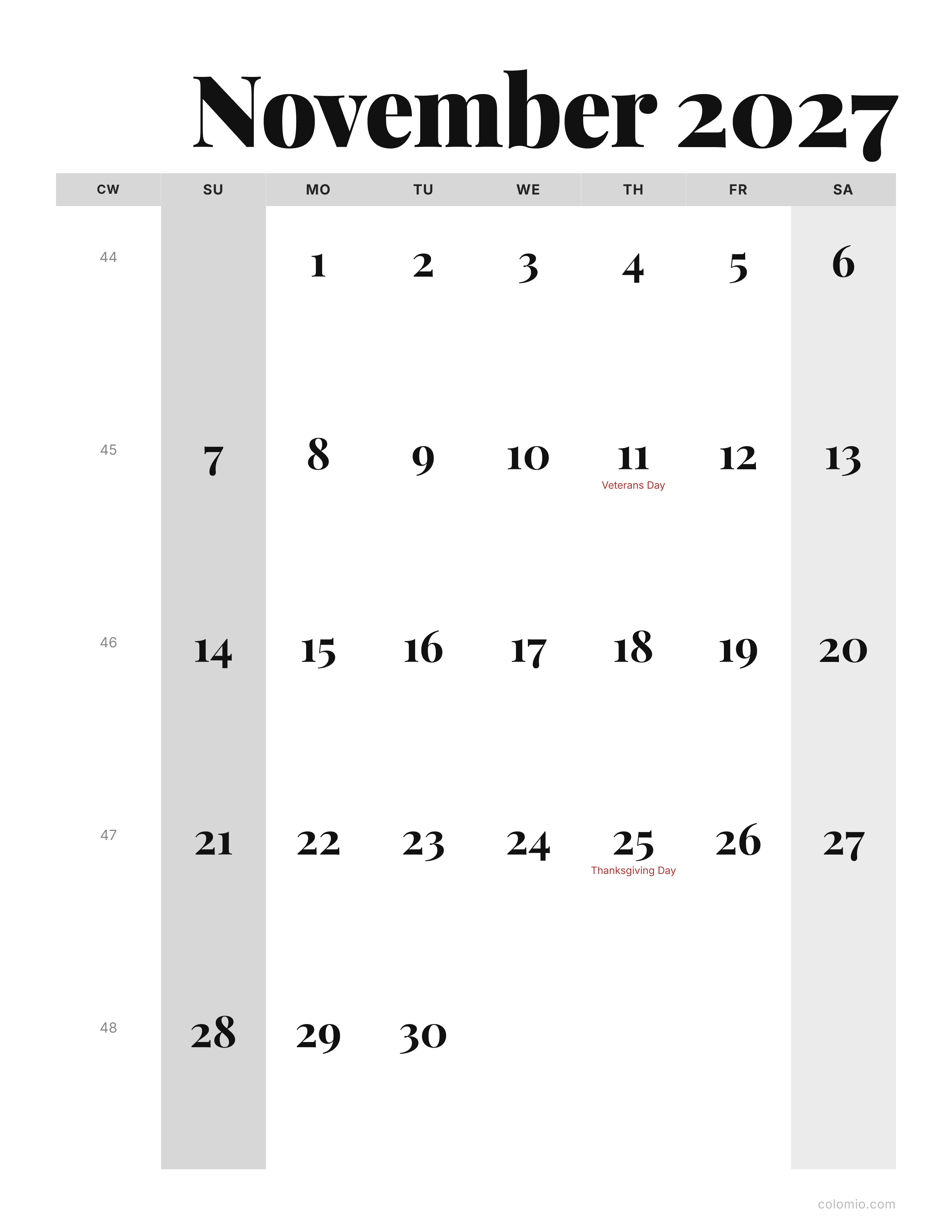 November 2027 calendar editorial · portrait, printable PDF