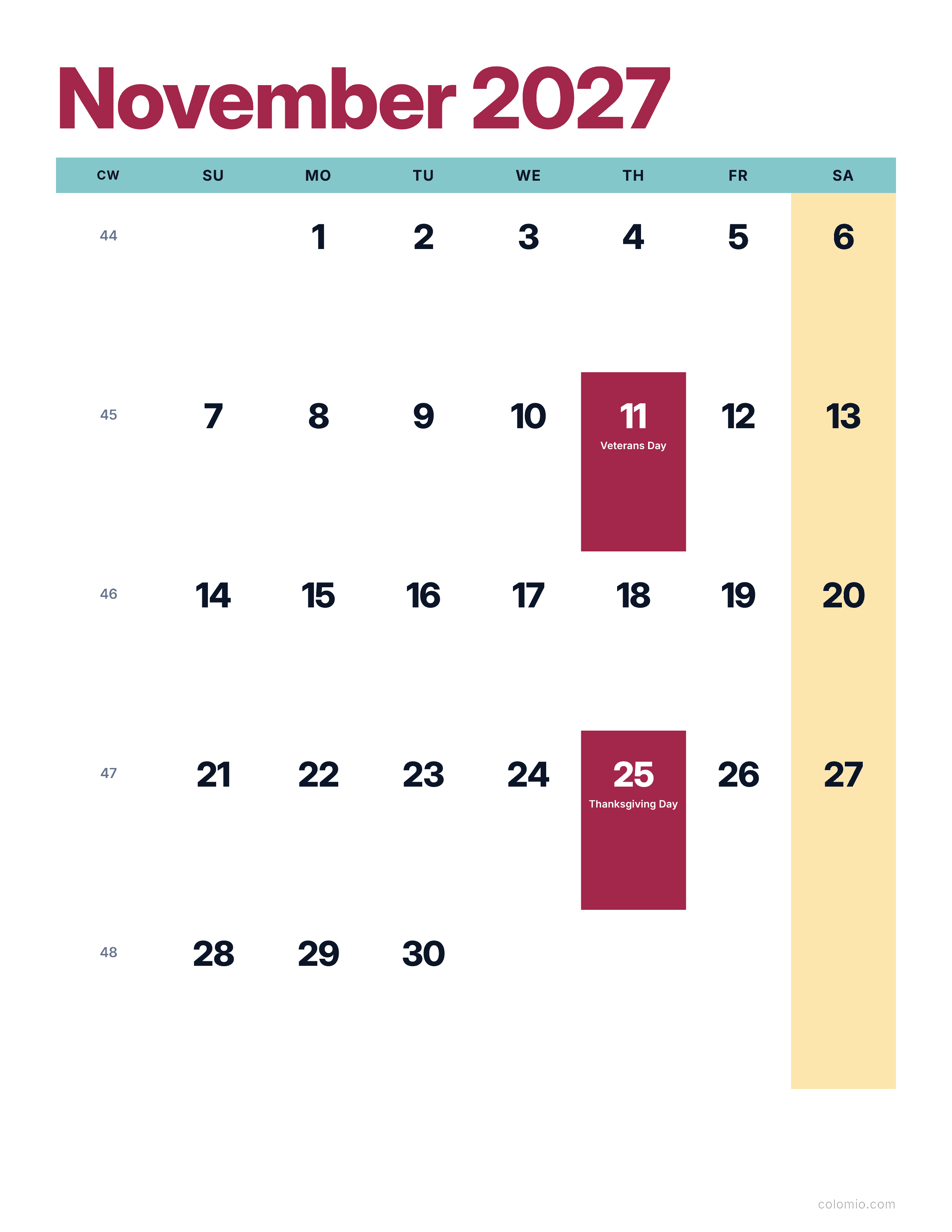 November 2027 calendar bright & modern · portrait, printable PDF