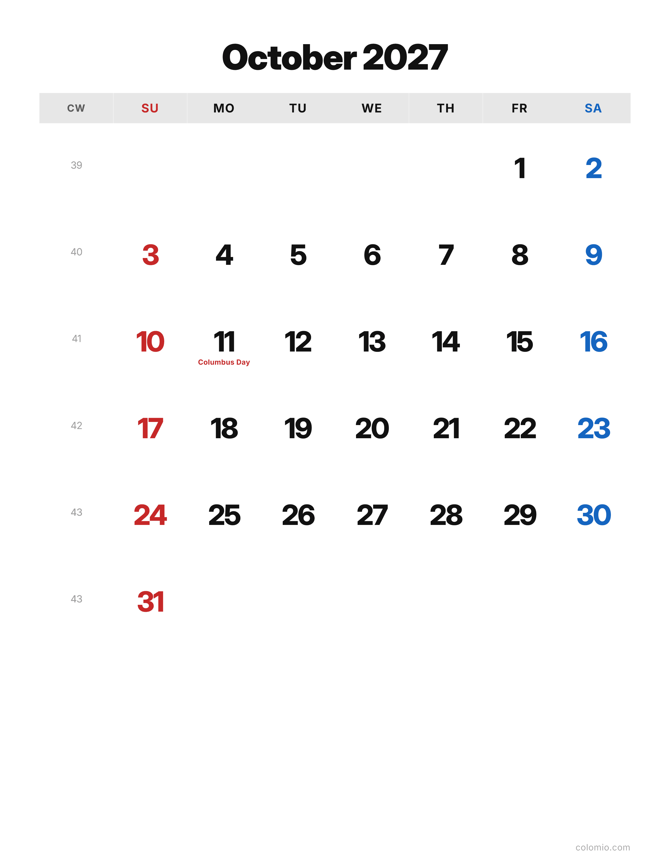 October 2027 calendar classic · portrait, printable PDF