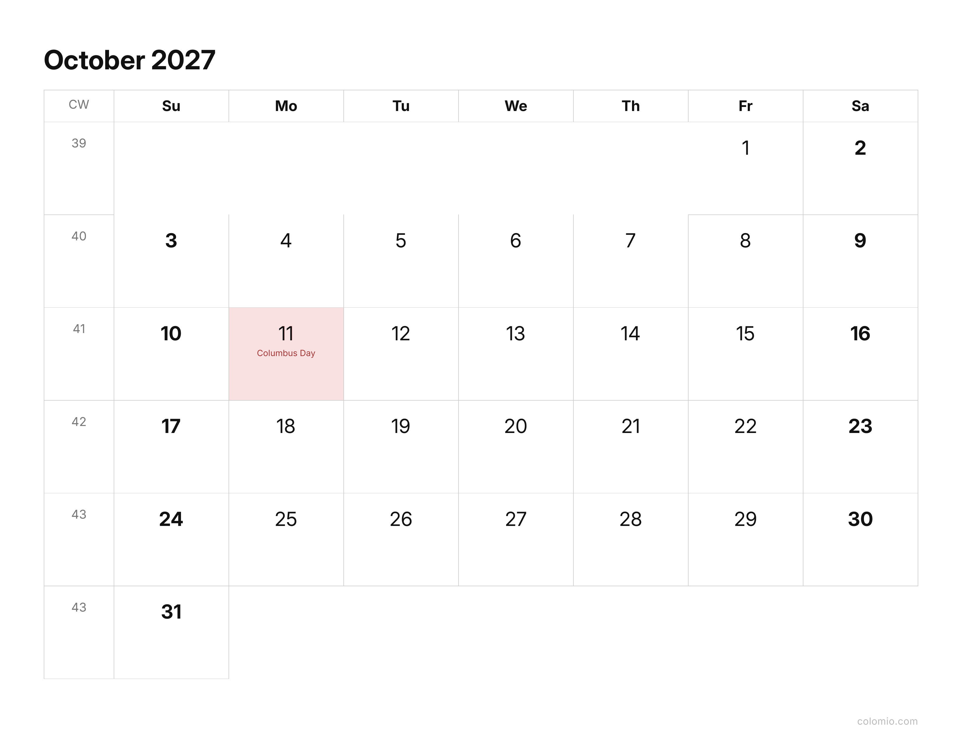 October 2027 calendar clean & minimal · landscape, printable PDF
