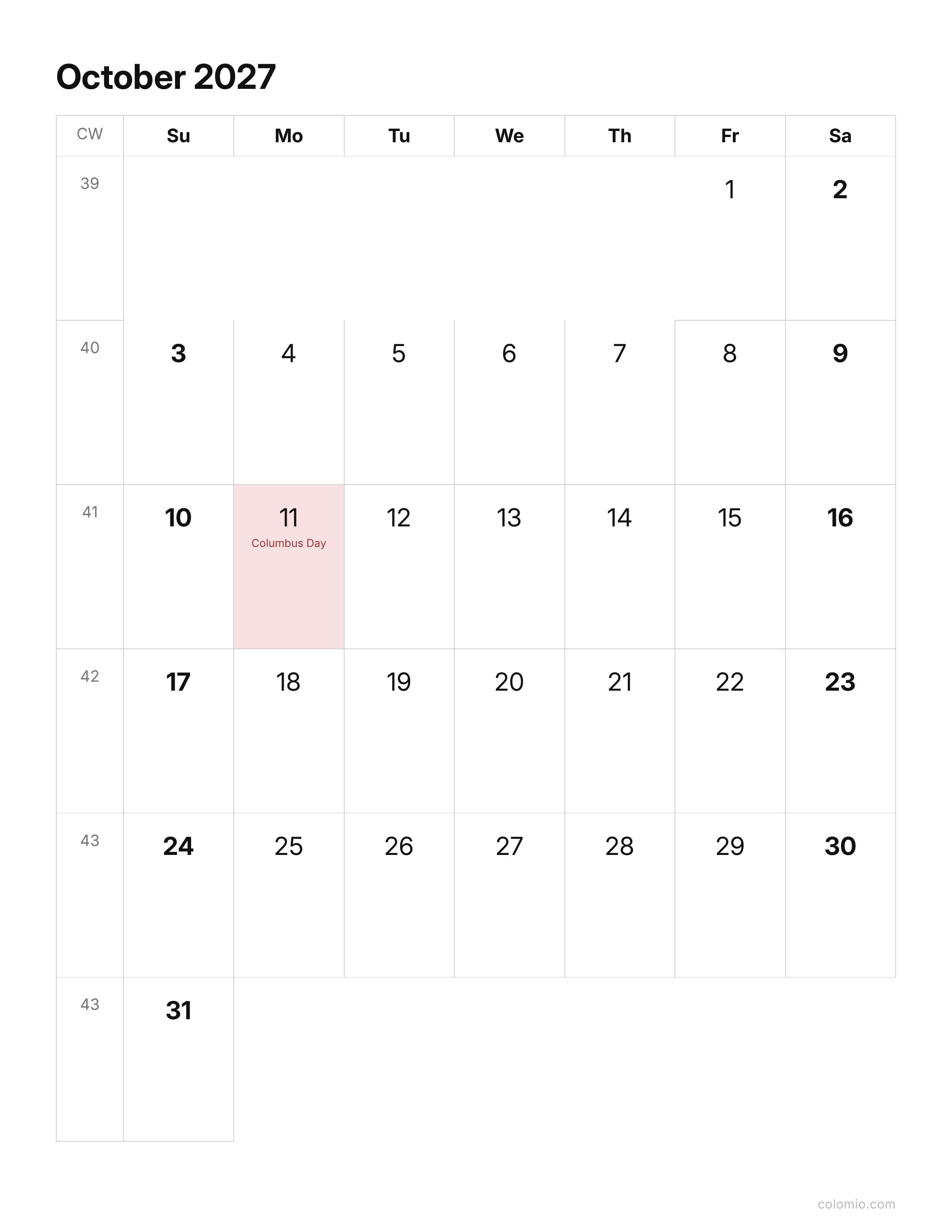 October 2027 calendar clean & minimal · portrait, printable PDF