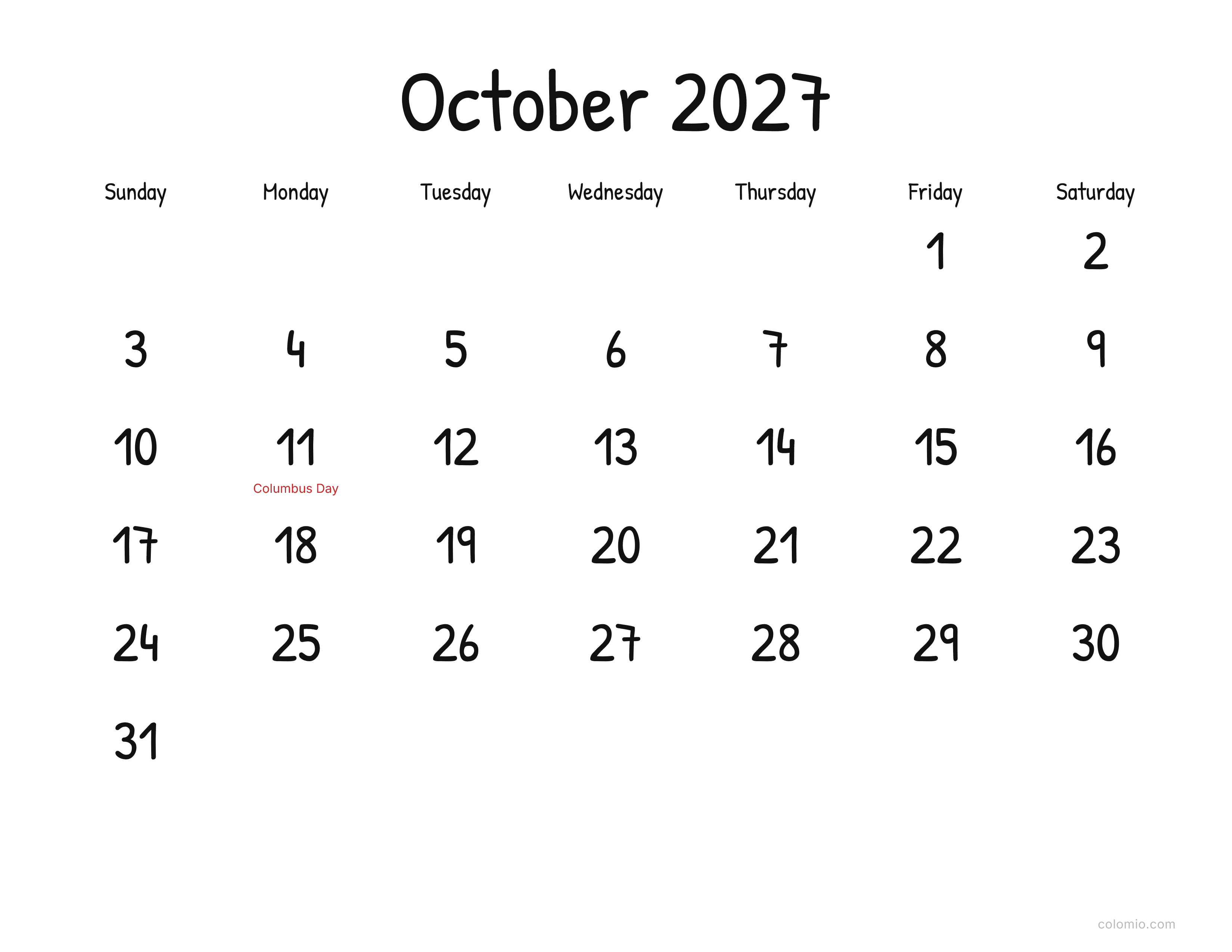 October 2027 calendar display · landscape, printable PDF