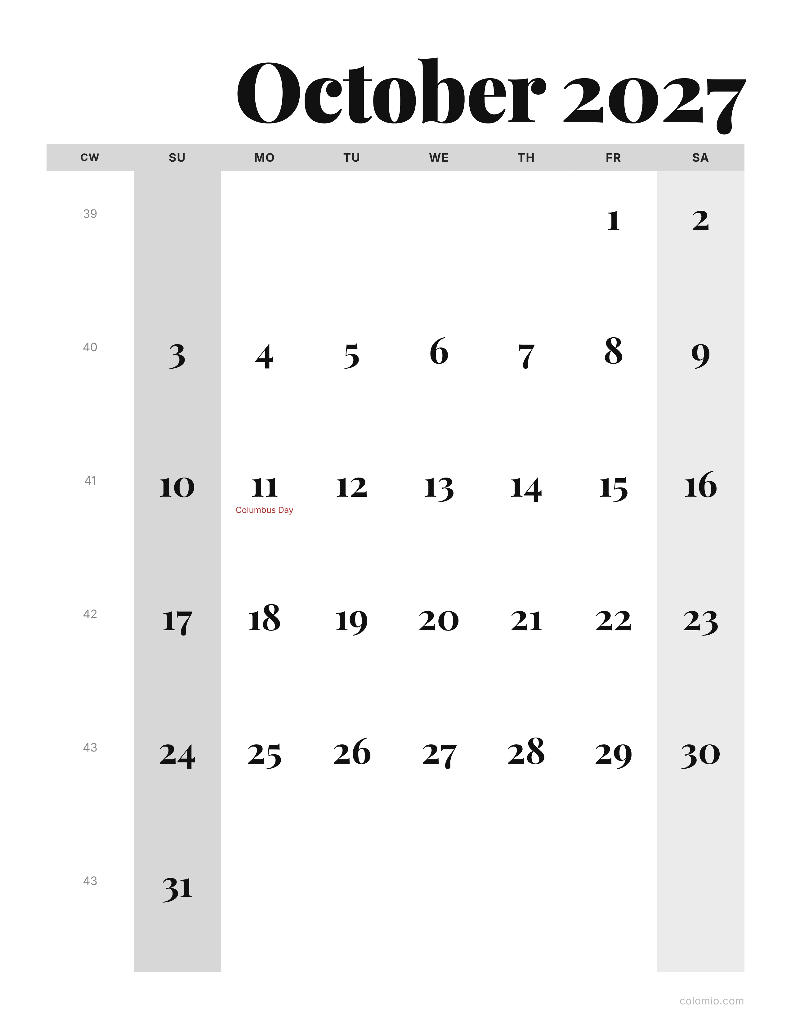 October 2027 calendar editorial · portrait, printable PDF