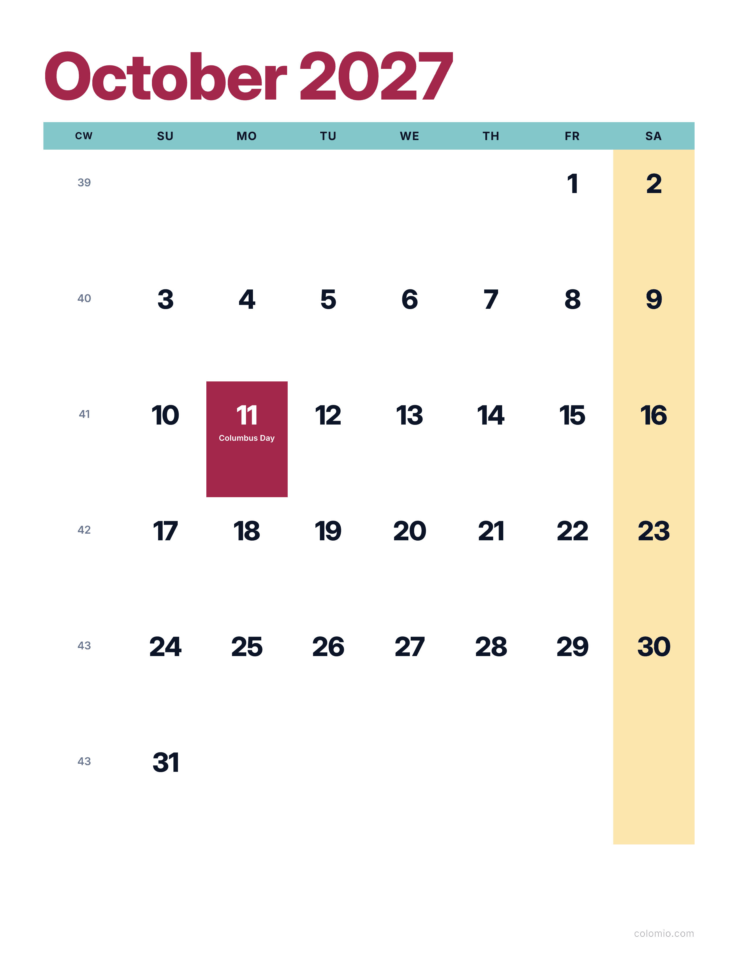 October 2027 calendar bright & modern · portrait, printable PDF