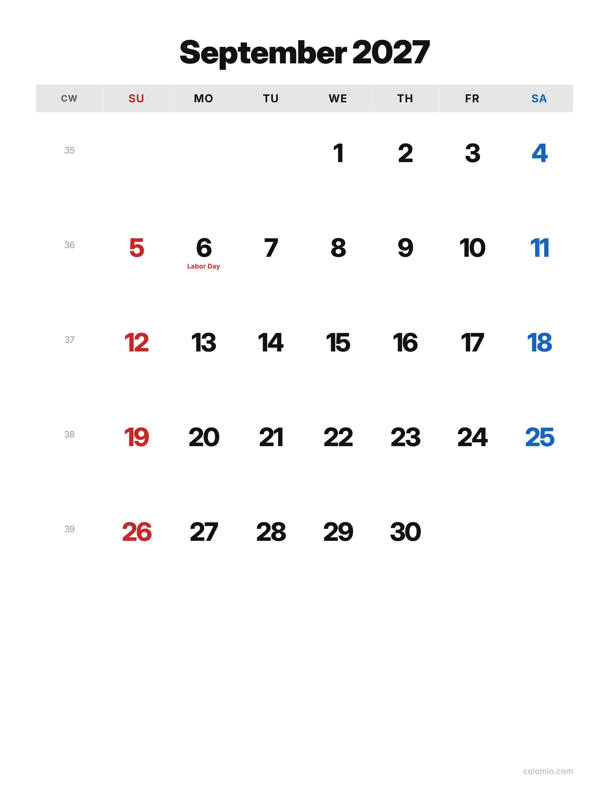 September 2027 calendar classic · portrait, printable PDF