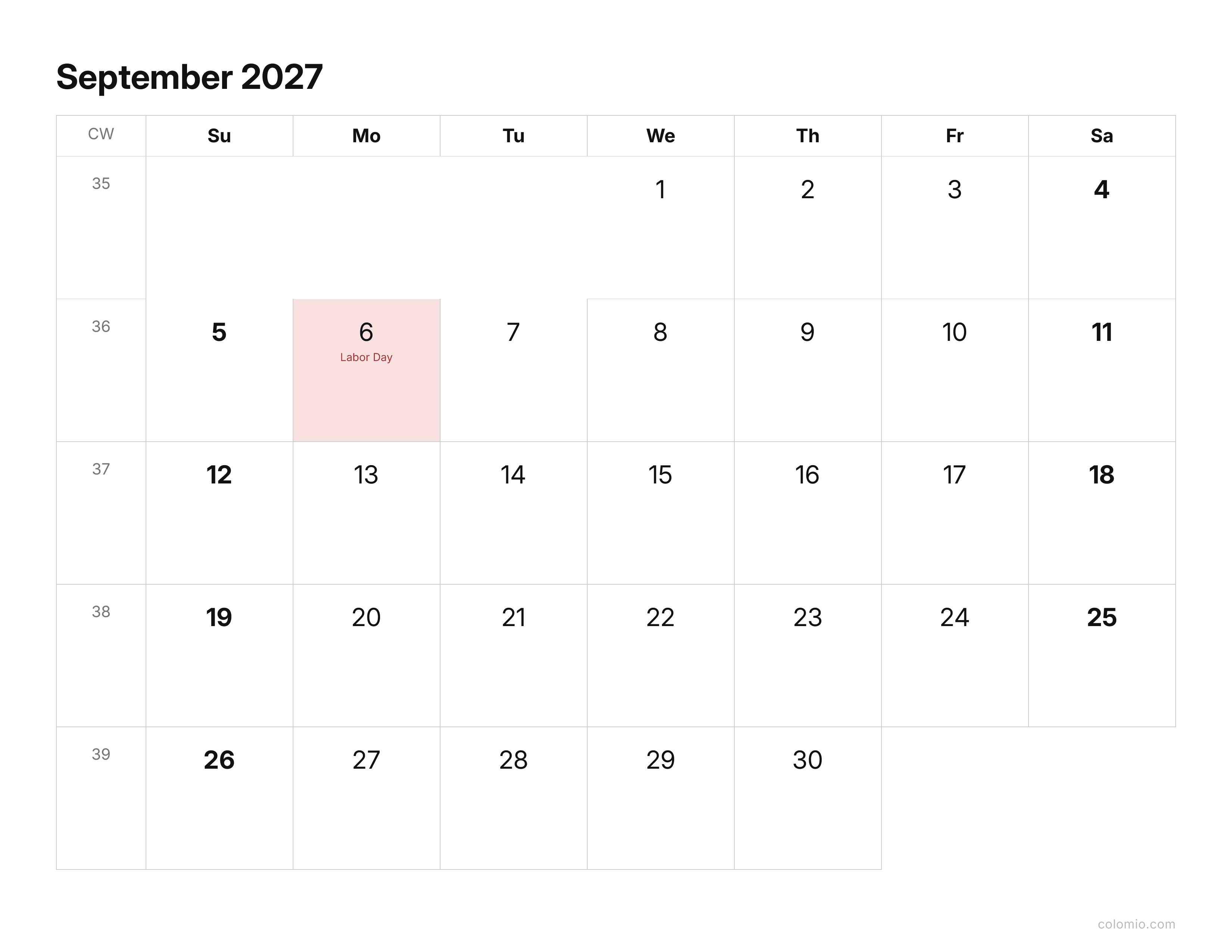 September 2027 calendar clean & minimal · landscape, printable PDF