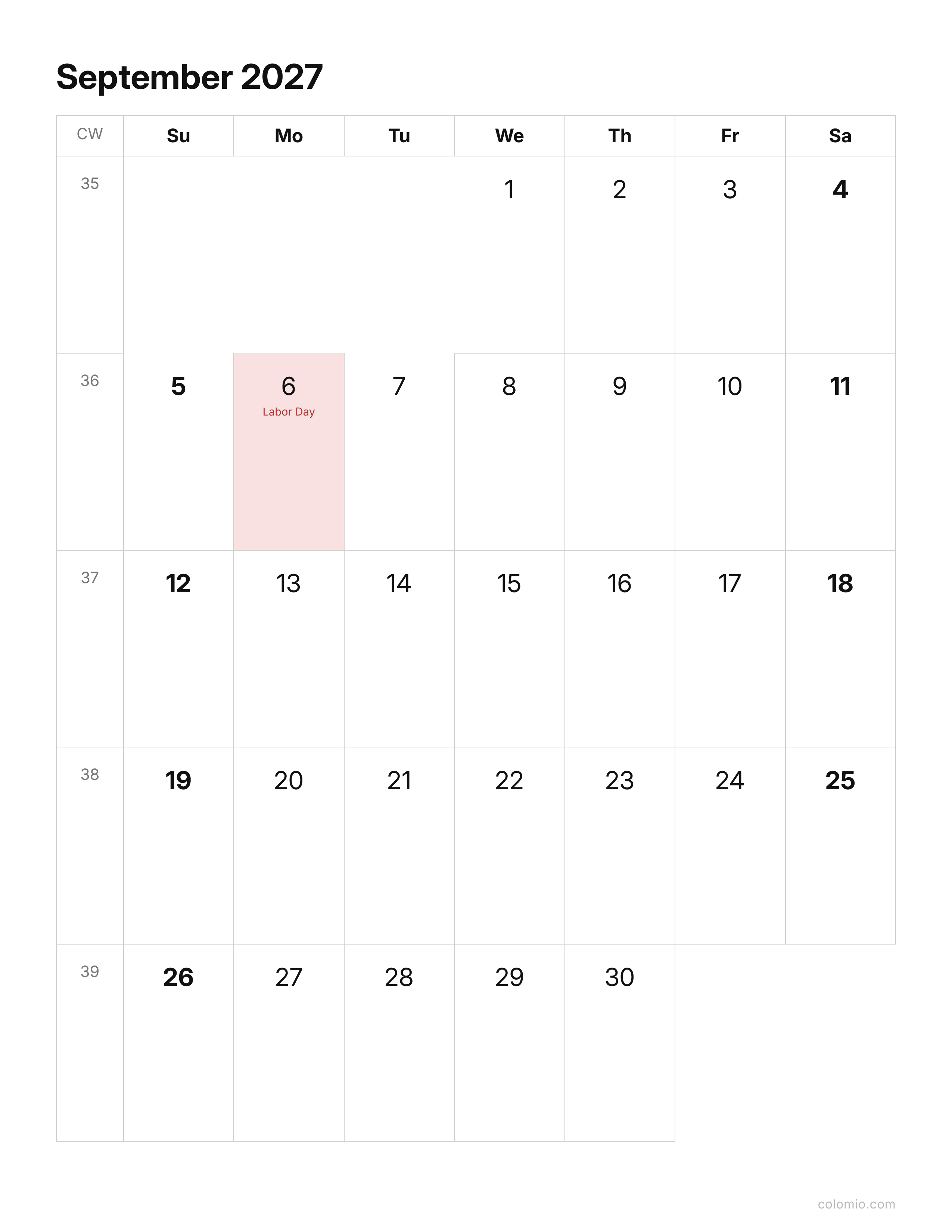 September 2027 calendar clean & minimal · portrait, printable PDF