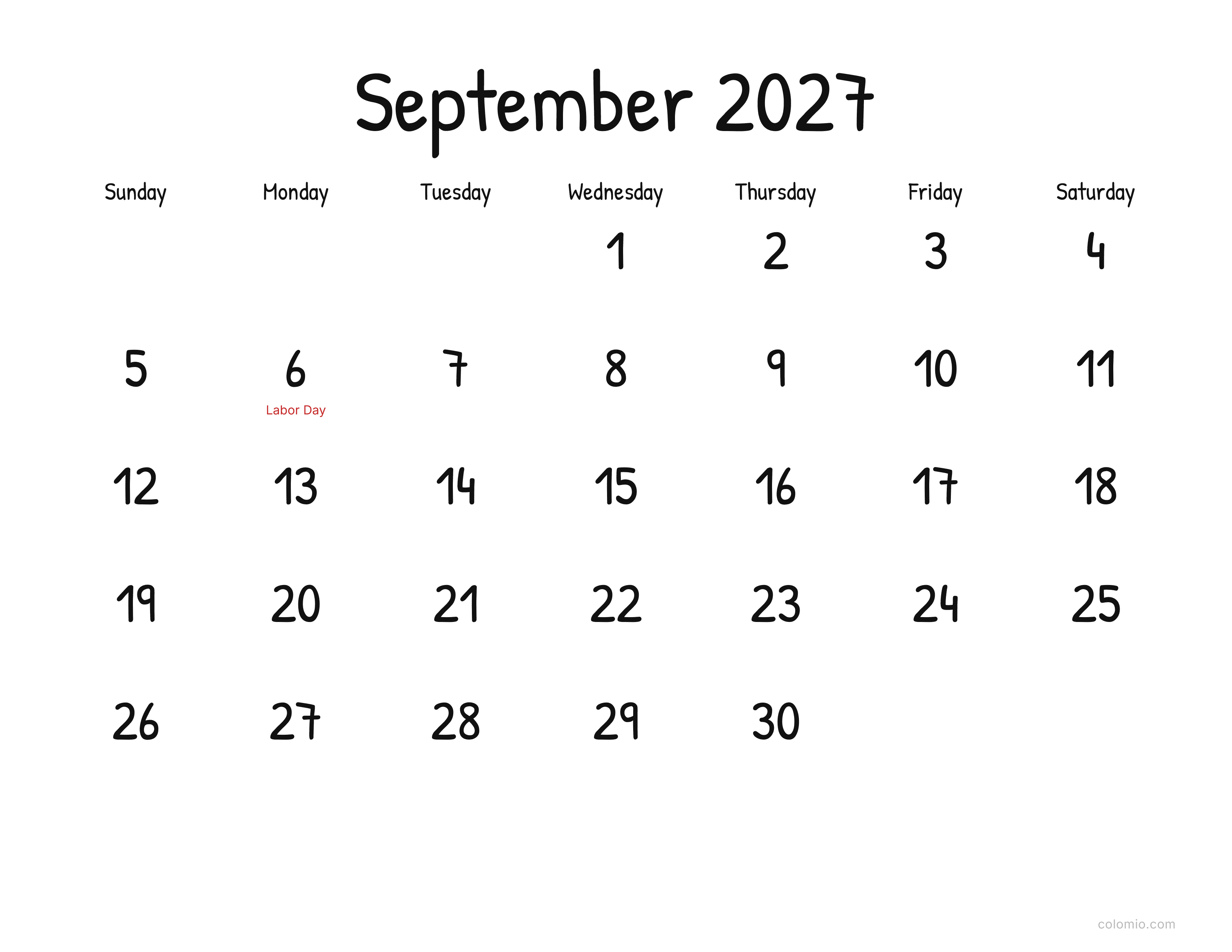 September 2027 calendar display · landscape, printable PDF