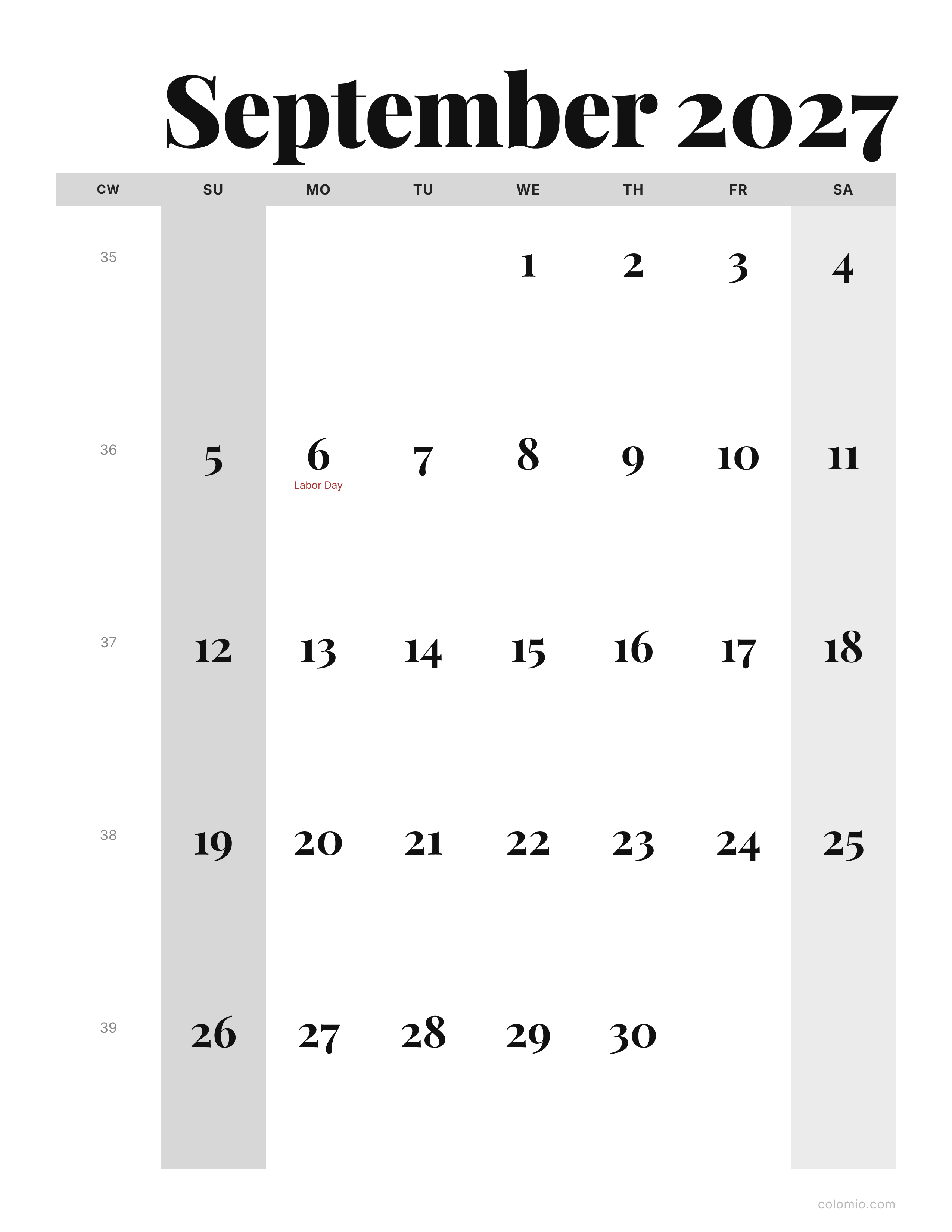 September 2027 calendar editorial · portrait, printable PDF