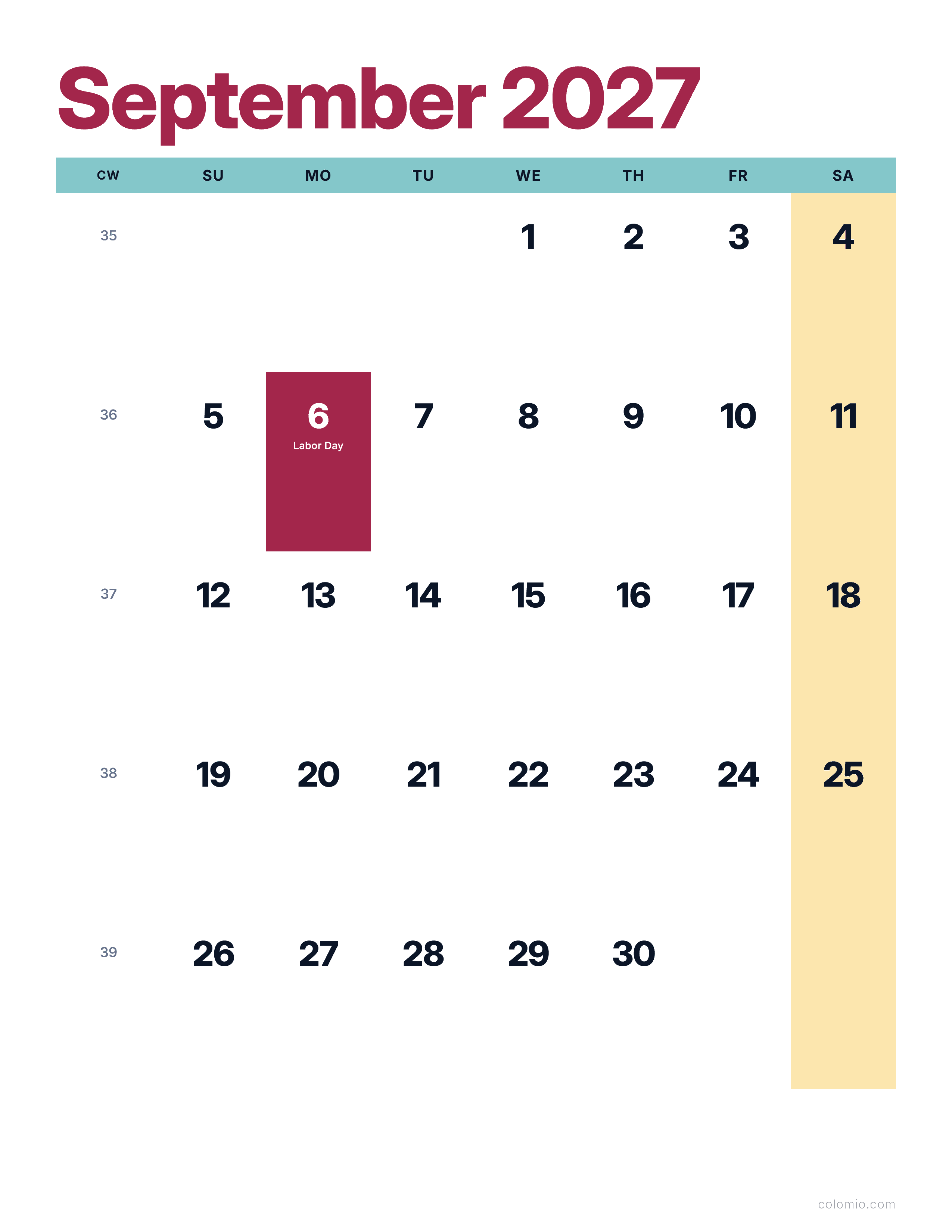 September 2027 calendar bright & modern · portrait, printable PDF