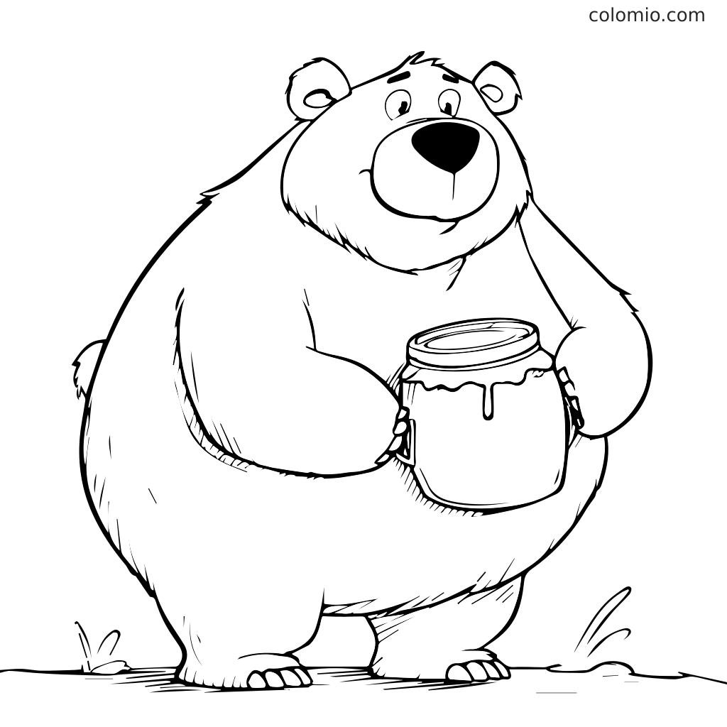 A cartoon bear happily holding a jar of honey, perfect for coloring.
