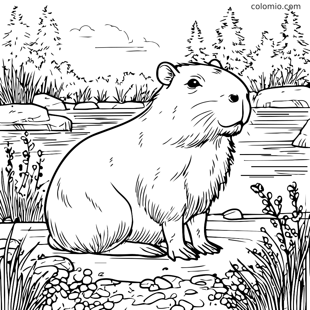 A capybara sitting by a river surrounded by plants and rocks, ready for coloring.