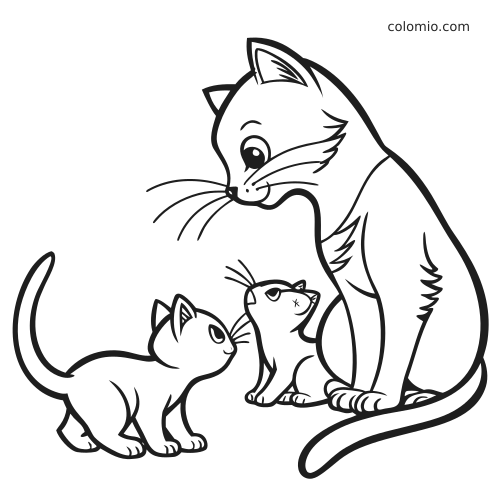 En kattemor sett fra siden ser ned på to kattunger ved siden av seg i en enkel svart-hvitt strektegning.