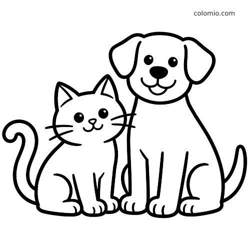 En katt og en hund sitter tett sammen sett forfra, tegnet med runde former, smilende ansikter og enkle, tykke linjer.