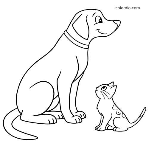 En enkel strektegning av en stor sittende hund ved siden av en liten kattunge som ser opp, med rene konturer og få detaljer.