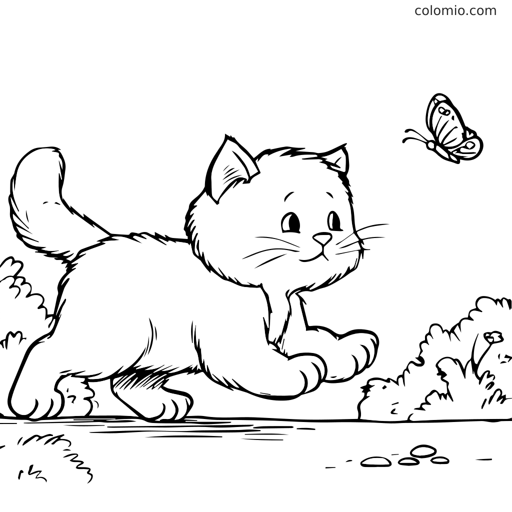 A cute cat running after a butterfly in a garden, perfect for coloring.