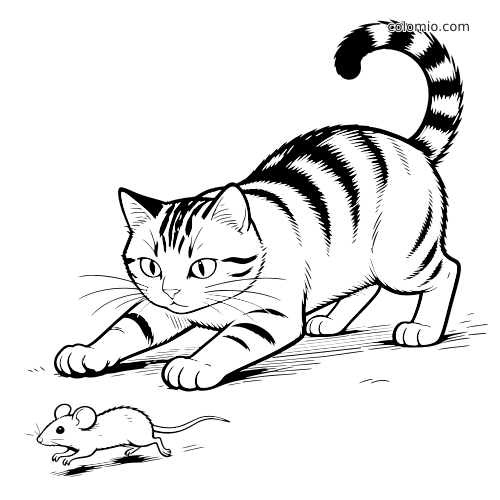 En stripete katt kryper lavt med potene strukket fremover, mens en liten mus løper foran den på bakken.