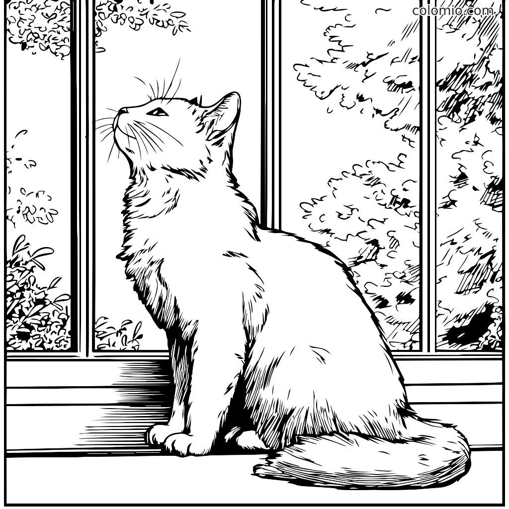 Una pagina da colorare dettagliata con un gatto seduto alla finestra, che guarda fuori verso il verde.