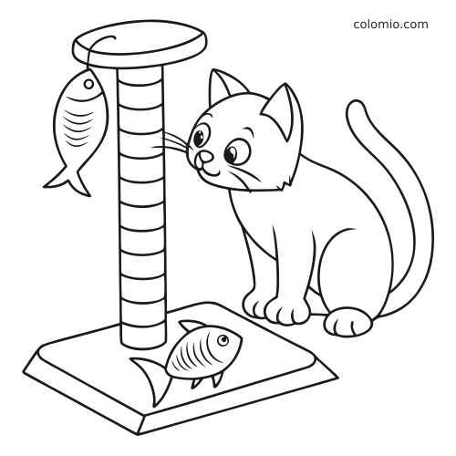 En tegnet katt sitter ved et klorestativ med en hengende fiskeleke og en fisk på sokkelen.