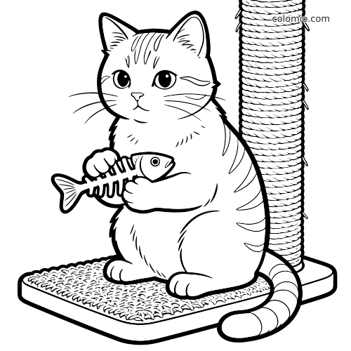 En detaljert, fluffy katt sitter på basen av et klorestativ og holder et fiskebein, med den taukledde stolpen ved siden av.
