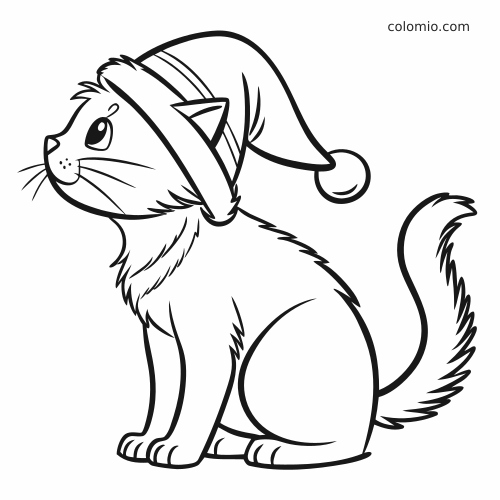 En lodden katt som sitter i sideprofil og har på seg en nisselue, med buskete hale og myke pelsdetaljer.