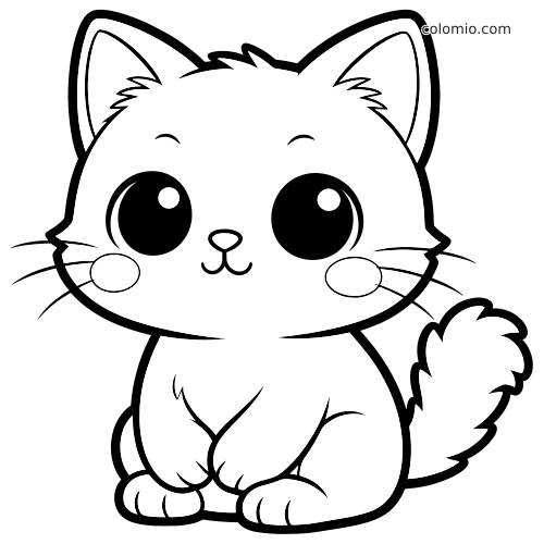 En kawaii-katt sitter vendt forfra med svært store runde øyne, fluffy pels, værhår og en krøllet hale i enkel strektegning.