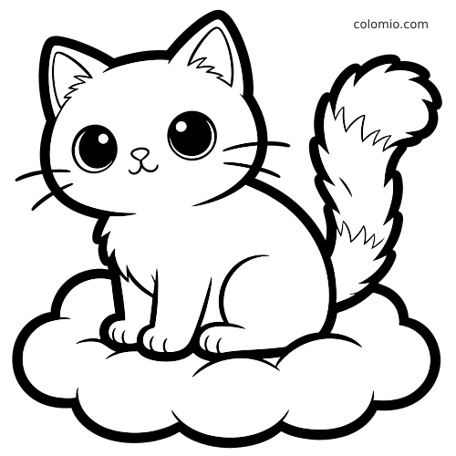 En kawaii-katt med store runde øyne og fluffy hale sitter på en myk sky i en enkel svart-hvitt-tegning.
