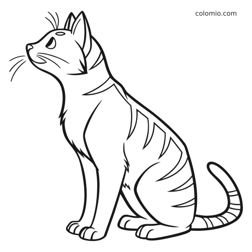En enkel strektegning av en sittende katt i profil, med stripete pels og store framlabber.