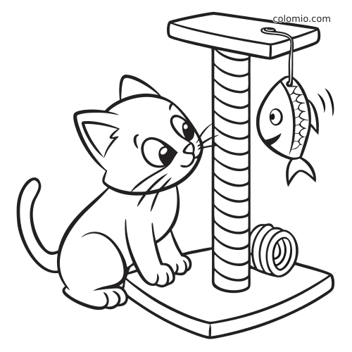 En enkel tegning av en kattunge som sitter ved et klorestativ og ser på en hengende fisk, med en garnball på basen.