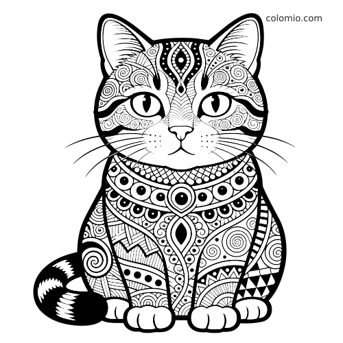 En sittende katt sett forfra med detaljerte zentangle-mønstre i ansiktet, på brystet, kroppen og den krøllete halen.