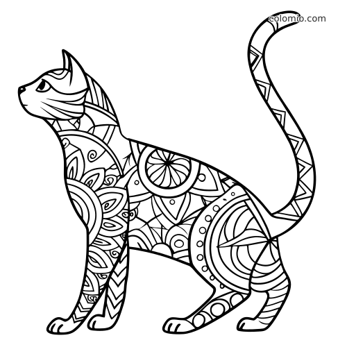 En stående katt i sideprofil fylt med tydelige zentangle-mønstre som spiraler, blomsterformer, sirkler og geometriske felt.
