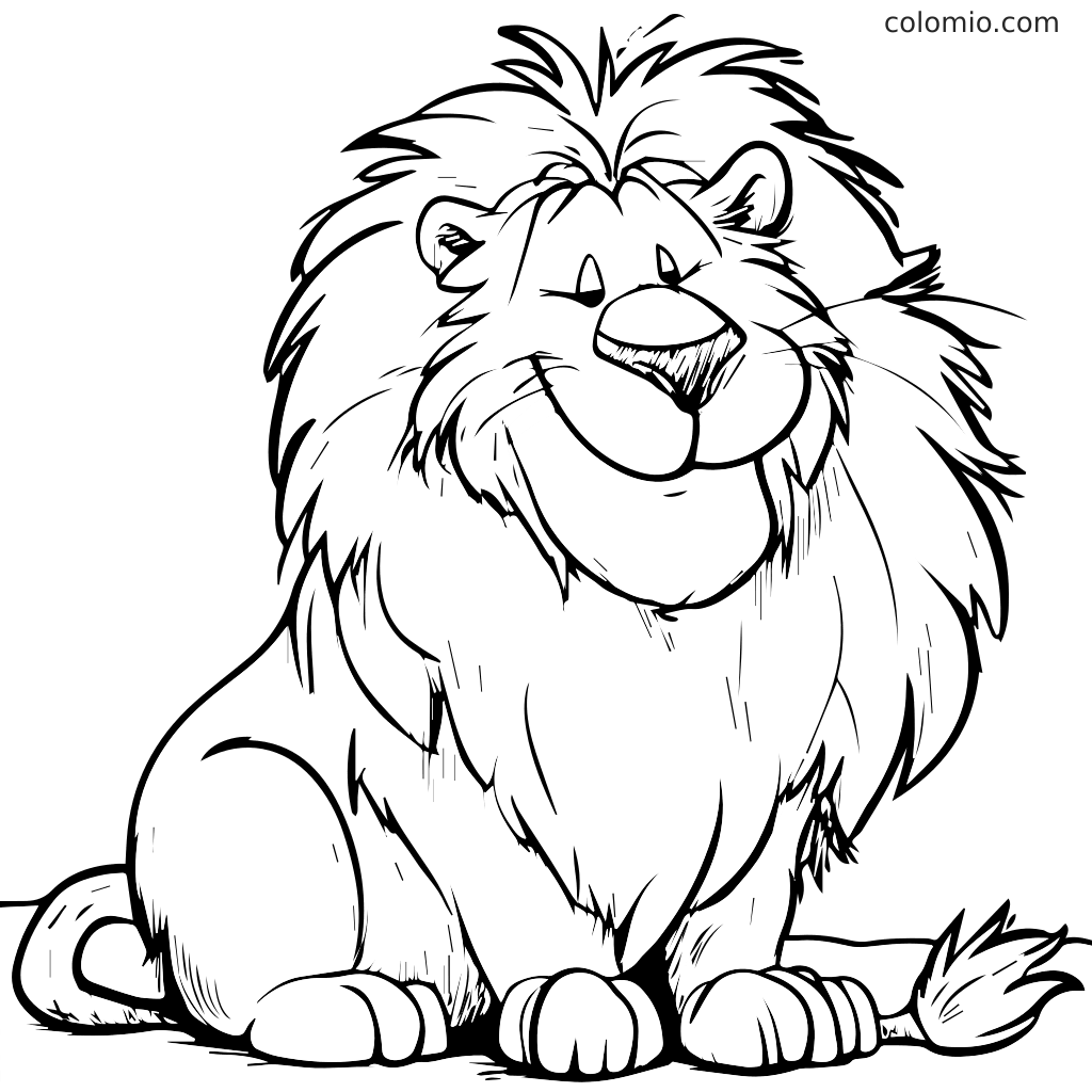 A friendly cartoon lion with a big mane sitting down, ready for coloring.