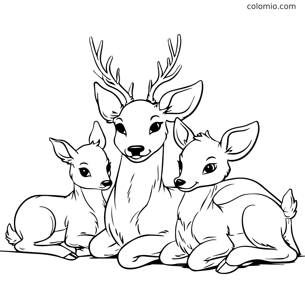 A family of deer featuring a parent deer with two fawns, outlined for coloring.