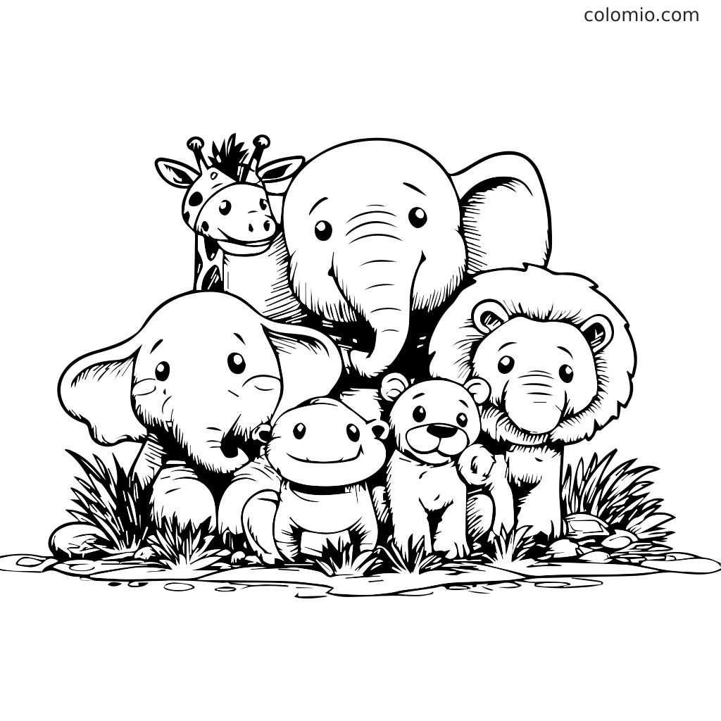A coloring page featuring a giraffe, elephants, a lion, and a monkey surrounded by grass and rocks.