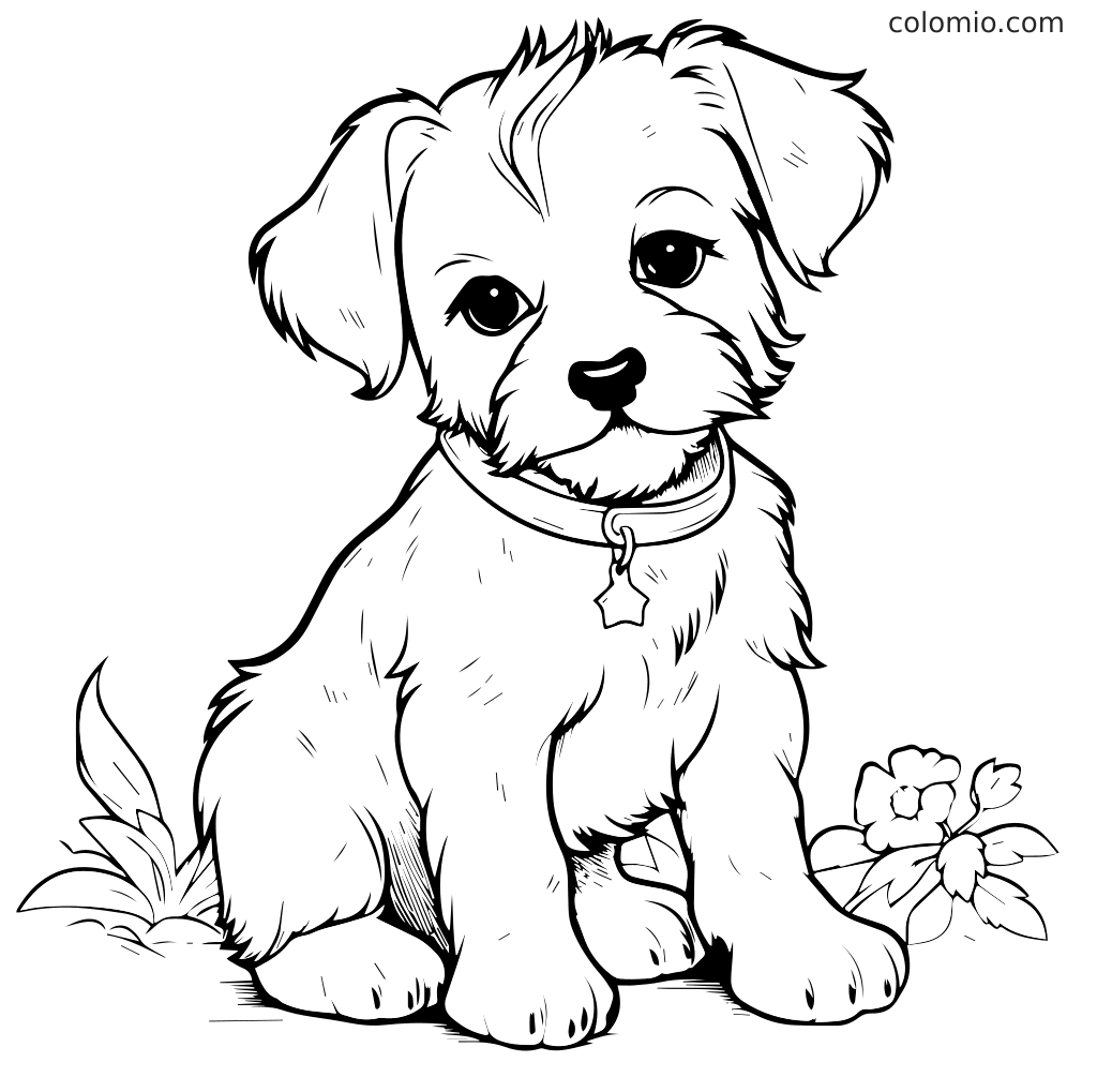 A line art illustration of a cute puppy sitting beside a flower, perfect for coloring.