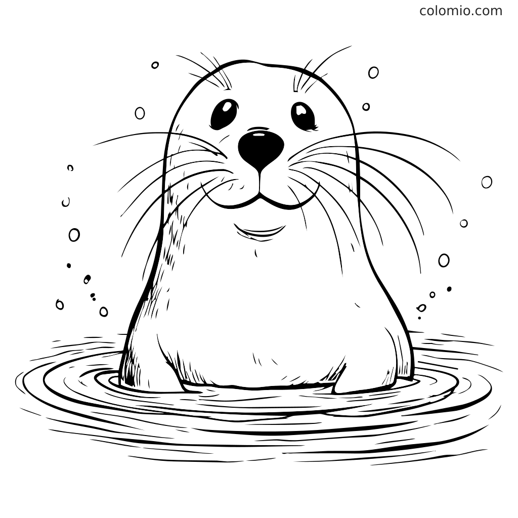 A cheerful seal pops up from the water, surrounded by bubbles. Perfect for kids to color.