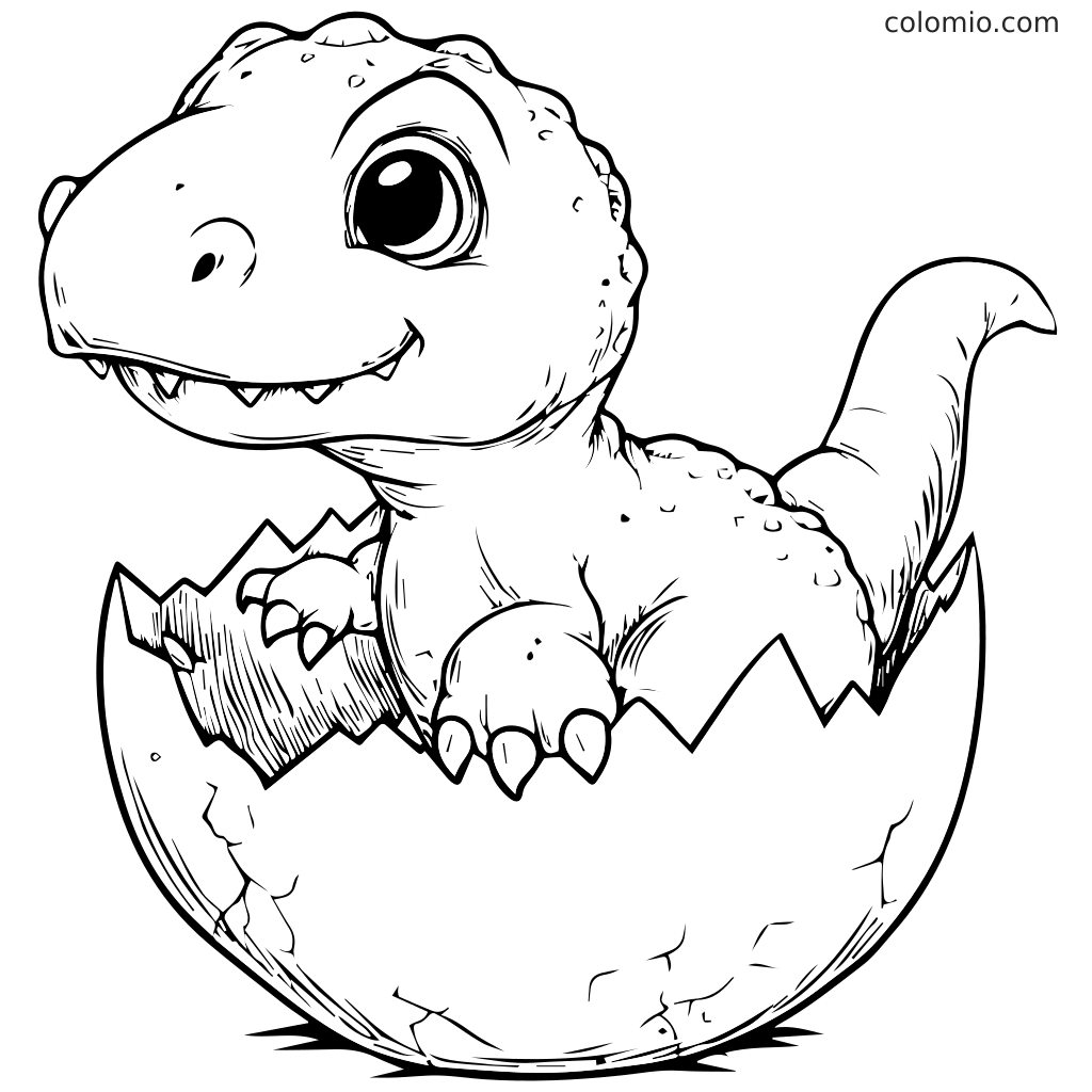 Um adorável bebê dinossauro emergindo de seu ovo quebrado, pronto para ser colorido.