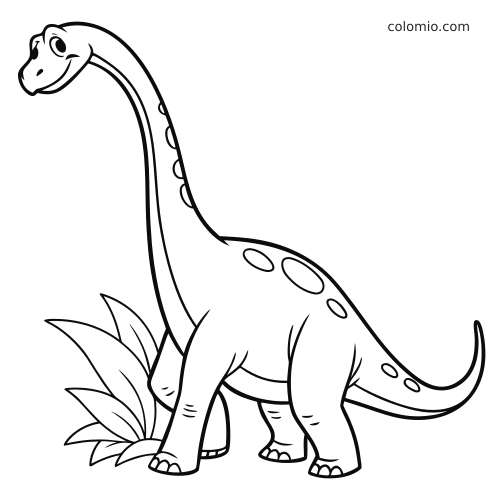 Un brachiosauro in stile cartone con collo molto lungo e macchie sul corpo, accanto a grandi piante, in un contorno in bianco e nero.
