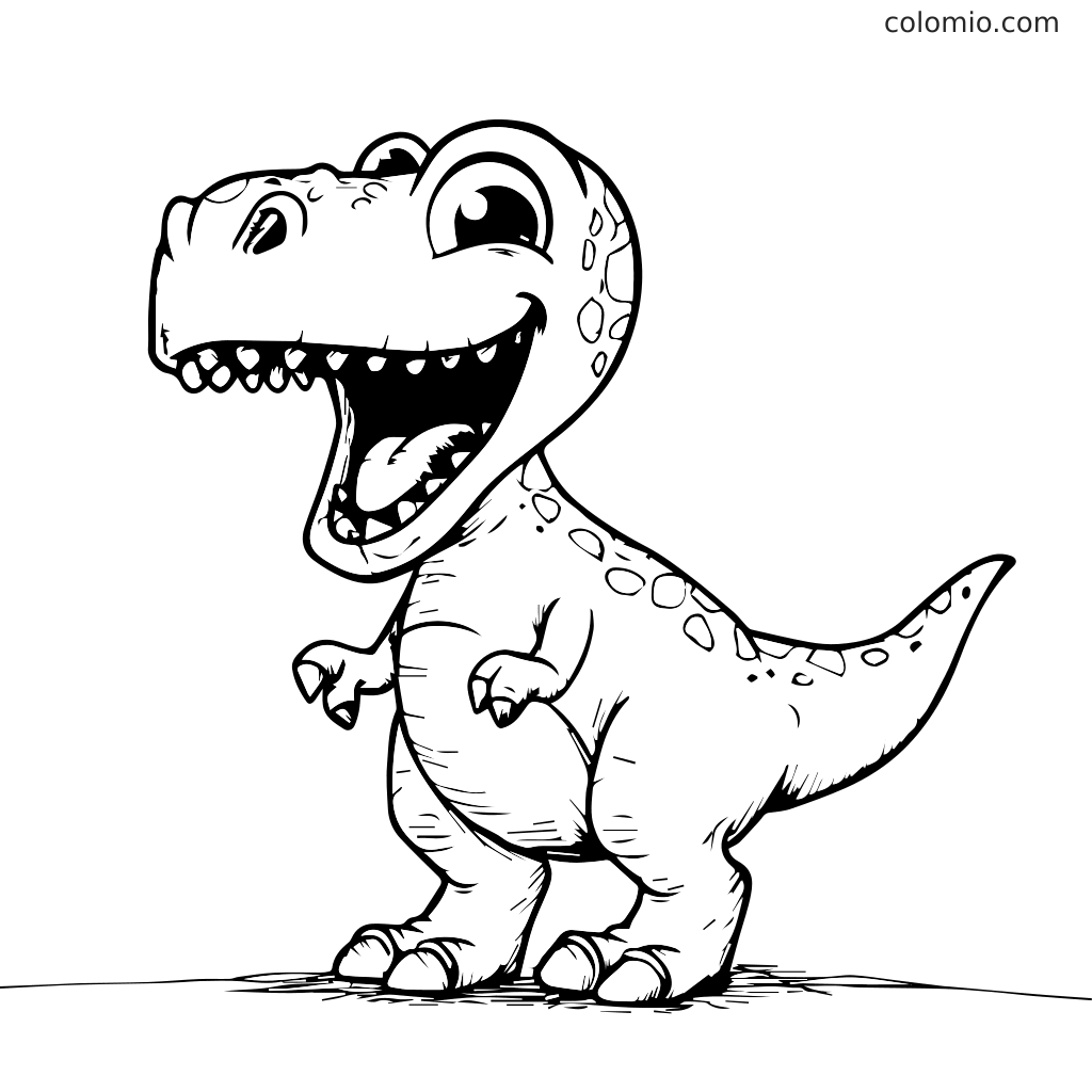 En glad tegneserie-dinosaur med et stort smil, klar til å fargelegge.