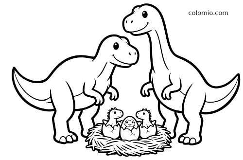 Due dinosauri sorridenti stanno accanto a un nido con tre cuccioli di dinosauro che escono dalle uova, in stile cartone animato.