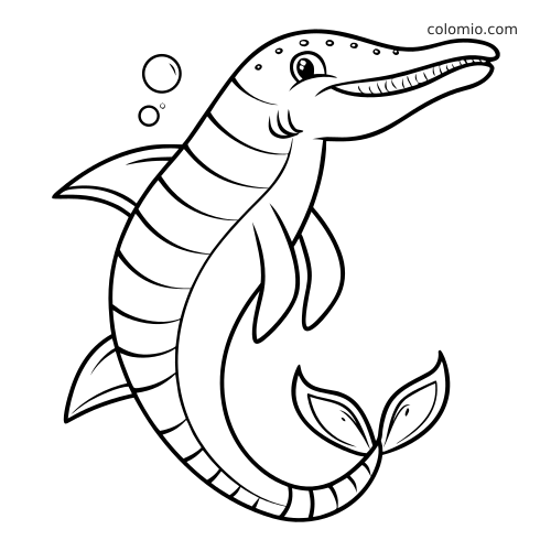 Illustrazione in bianco e nero di un mosasauro arrotolato sott'acqua, con bolle, muso sorridente e pinne arrotondate.