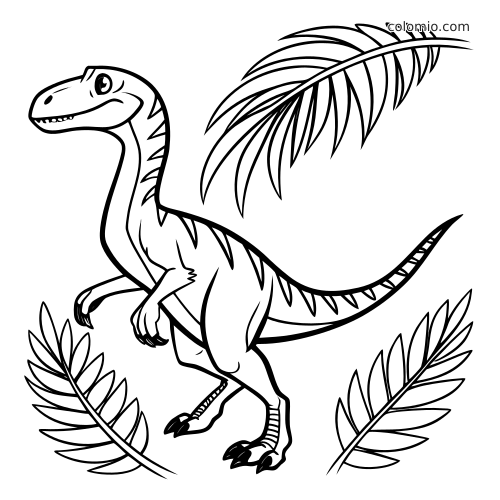 Un velociraptor piumato in piedi, con strisce sul corpo, artigli visibili e grandi foglie tropicali intorno.