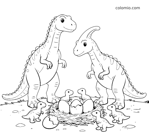 Una scena dettagliata con due dinosauri adulti, un nido con uova e diversi cuccioli appena nati intorno.