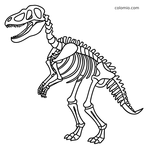 Uno scheletro fossile di dinosauro in bianco e nero, con bocca aperta, coda lunga e contorni spessi ben visibili.