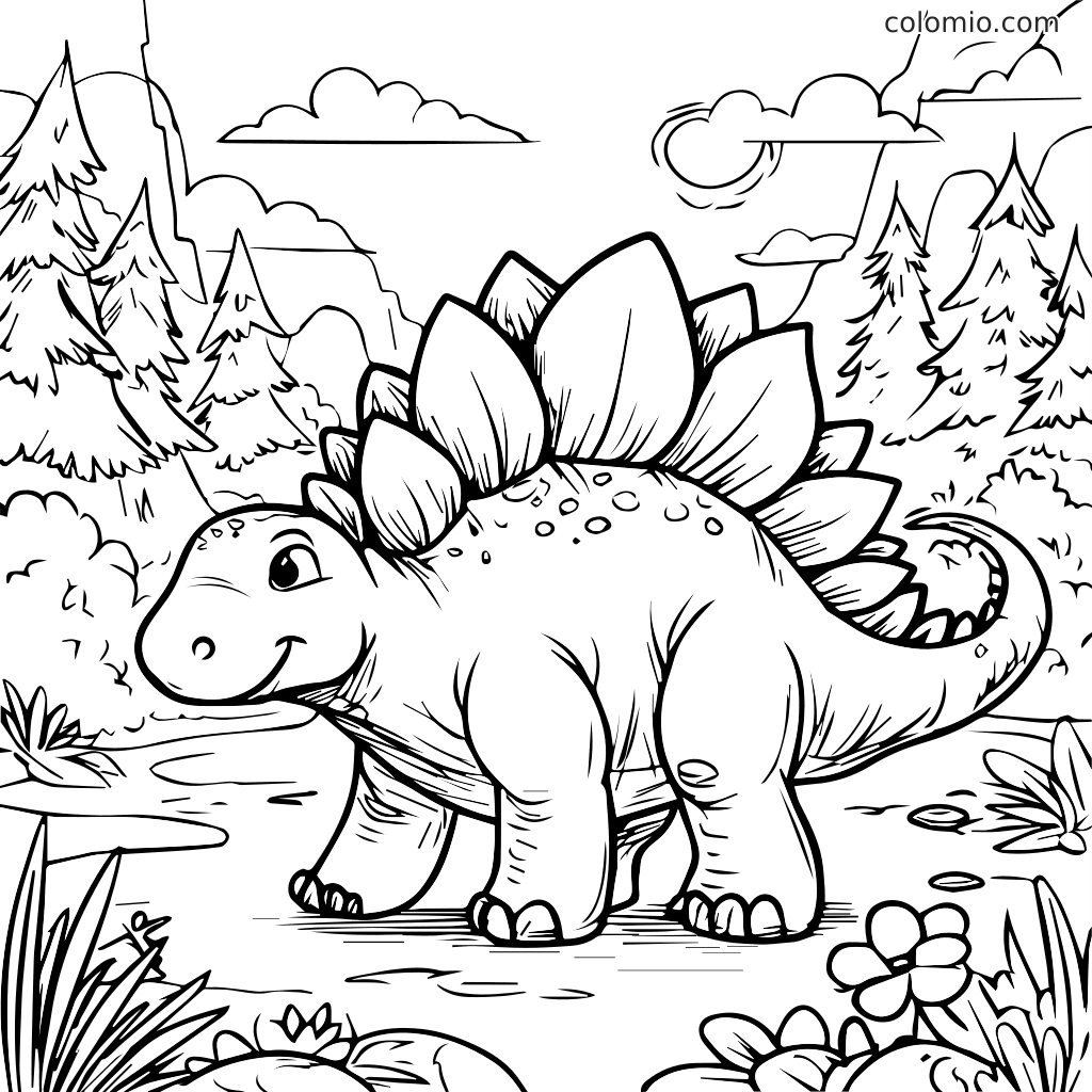 Een vrolijke Stegosaurus-dinosaurus staat in een boslandschap, perfect om in te kleuren.