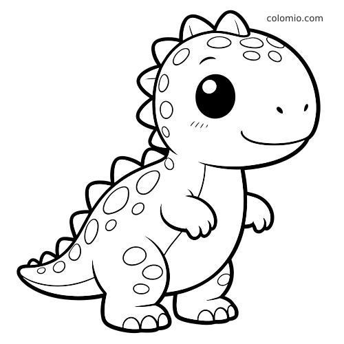 Un dinosauro kawaii con grandi occhi, corpo arrotondato, placche sul dorso e pois, disegnato in semplice stile cartoon.