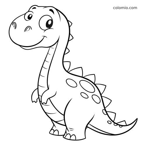 Un dinosauro kawaii dal collo lungo con espressione sorridente, placche sul dorso e macchie sul corpo, in semplice contorno.