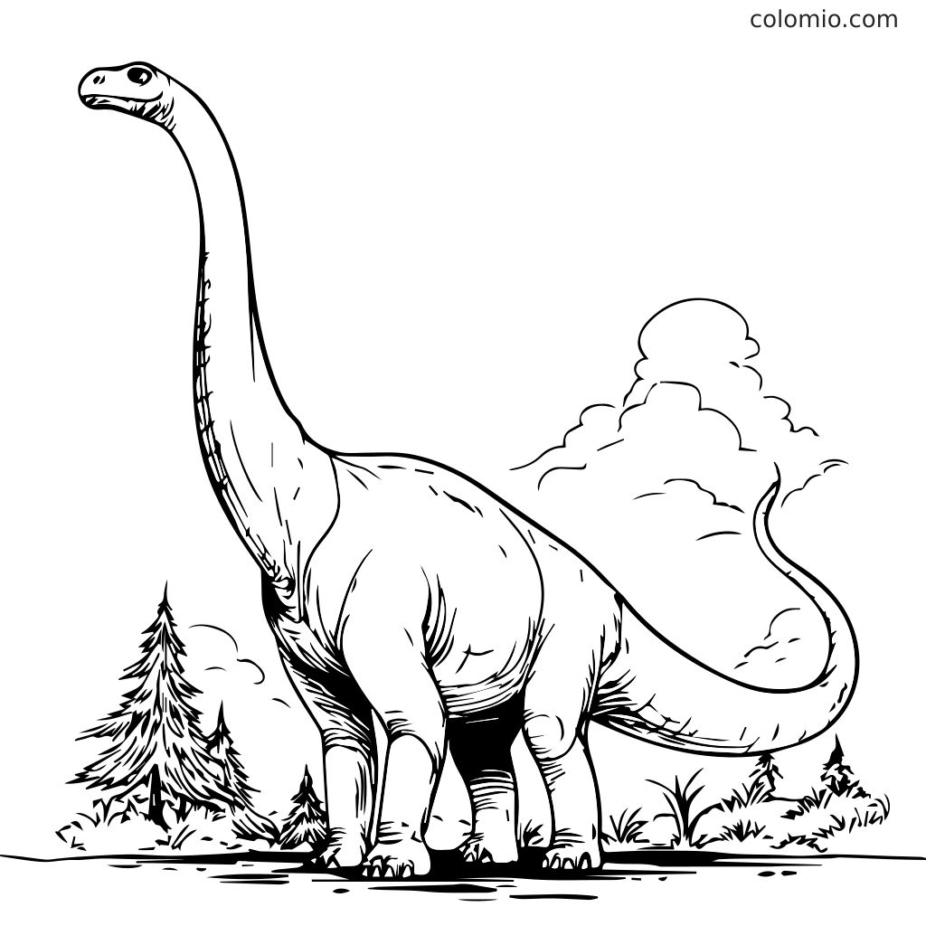 Een plantenetende langnekdinosaurus staat in een landschap met bomen en wolken, klaar om ingekleurd te worden.