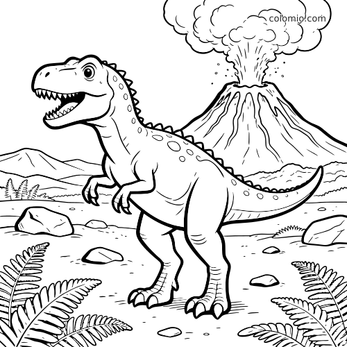Disegno da colorare con un dinosauro predatore che ruggisce in primo piano, terreno roccioso, felci e un vulcano in eruzione sullo sfondo.