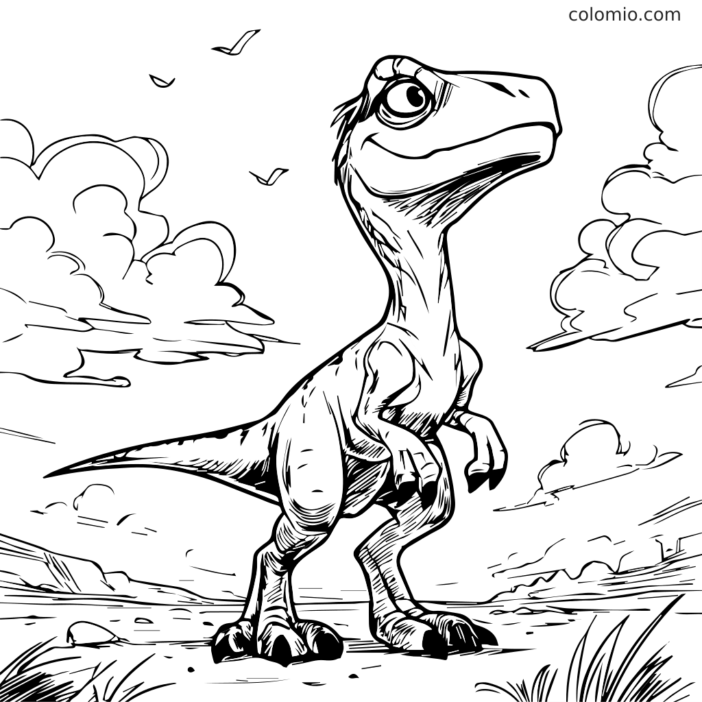 Een zwart-wit kleurplaat met een Raptor-dinosaurus in een schilderachtig landschap met wolken en vogels.